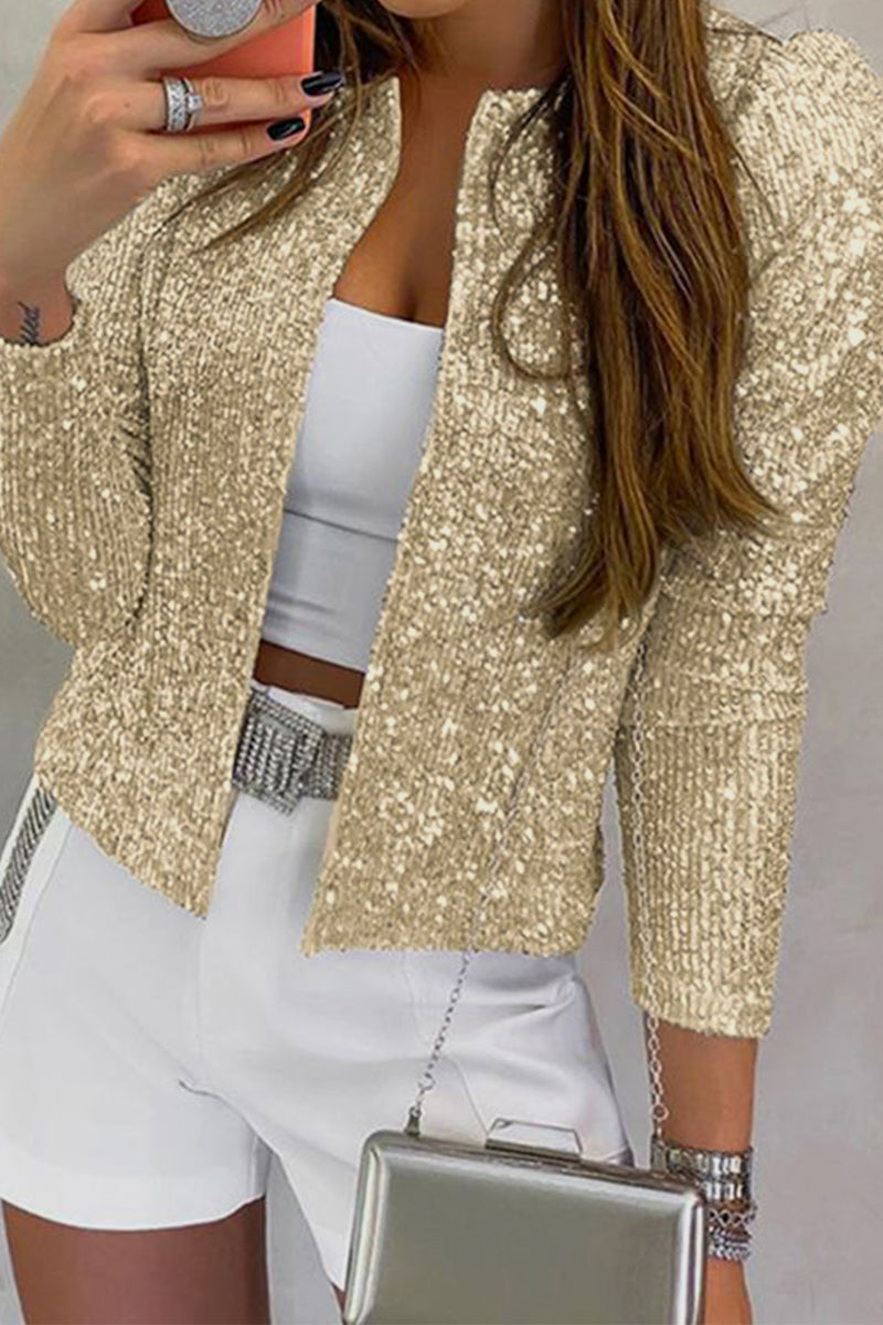 Fashion Solid Sequins Patchwork O Neck Outerwear