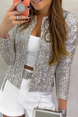 Fashion Solid Sequins Patchwork O Neck Outerwear