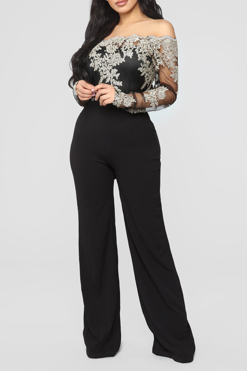 Sexy Solid Lace Off the Shoulder Boot Cut Jumpsuits