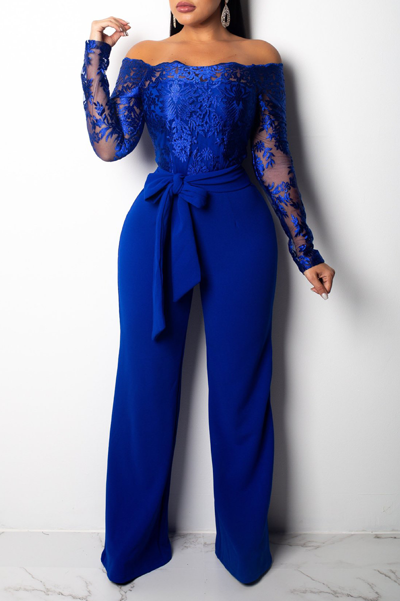 Sexy Solid Lace Off the Shoulder Boot Cut Jumpsuits