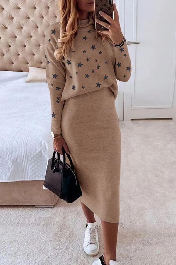 Casual The stars Patchwork O Neck Long Sleeve Two Pieces