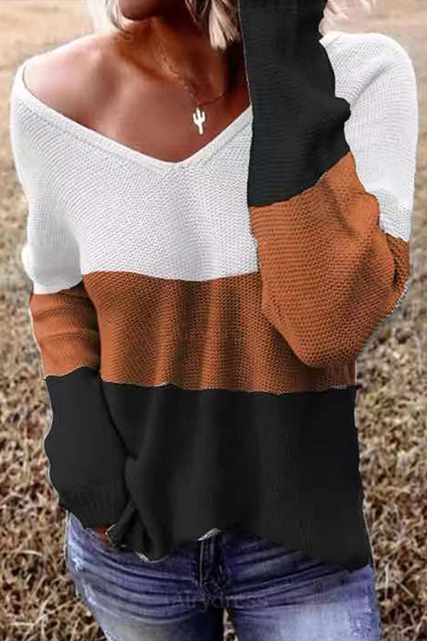 Casual Striped Patchwork Contrast V Neck Tops