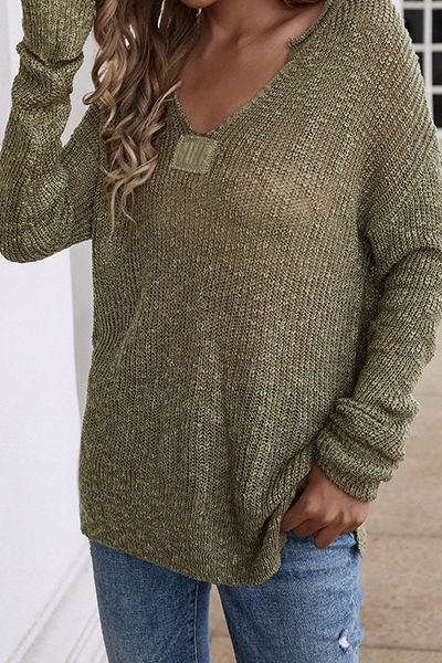 Casual Solid Draw String Basic V Neck Tops Sweater