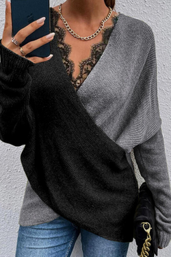 Casual Patchwork Lace Contrast V Neck Tops