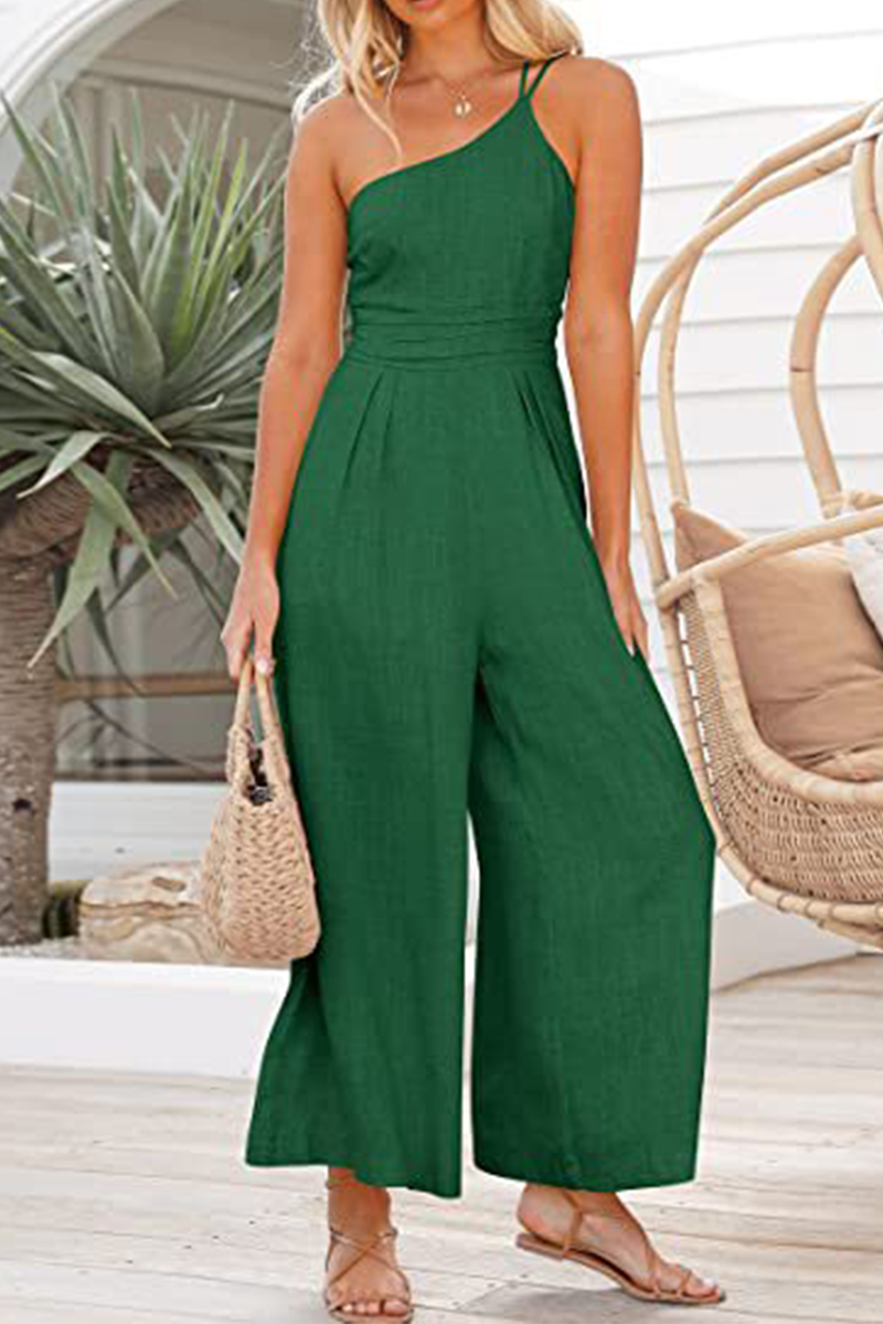 Fashion Solid Patchwork One Shoulder Straight Jumpsuits