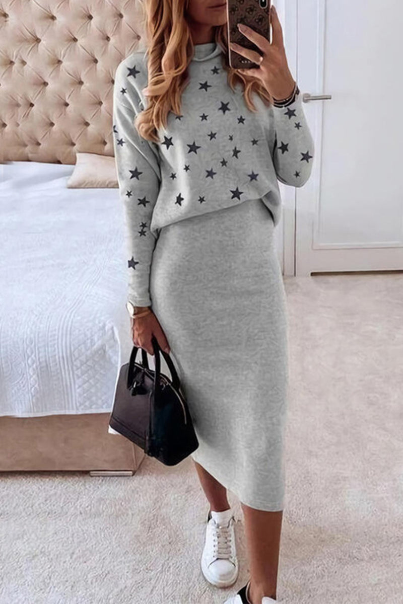 Casual The stars Patchwork O Neck Long Sleeve Two Pieces