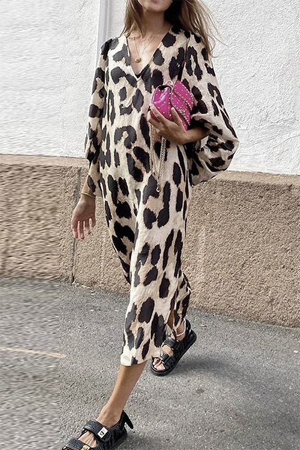Fashion Elegant Leopard Patchwork Slit V Neck Dresses