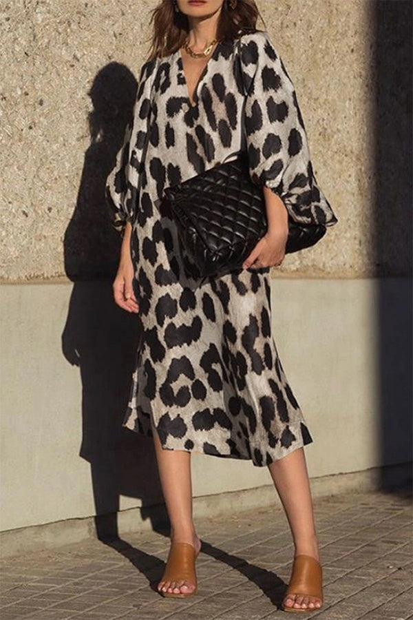 Fashion Elegant Leopard Patchwork Slit V Neck Dresses